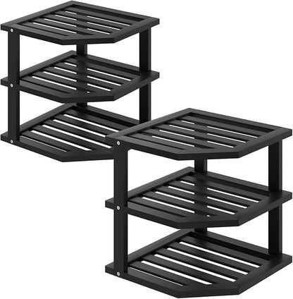 VERTORGAN 3 Tier Bamboo Corner Shelf(2 Pack),Dish Drying Rack,Plate Organizer,Kitchen Spice Rack for Countertop and Cabinet(Black)