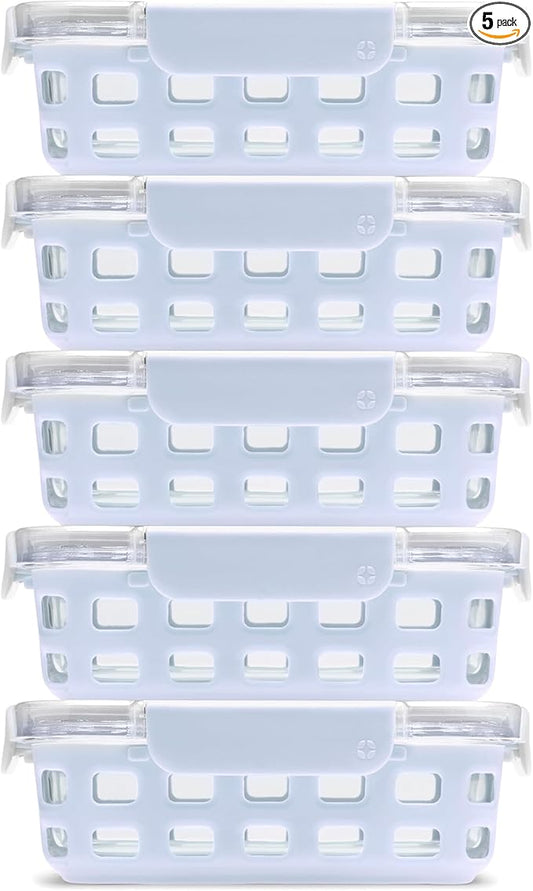 Ello Duraglass 3.4 Cup Meal Prep Sets 10Pc, 5 Pack Set- Glass Food Storage Container with Silicone Sleeve and Airtight BPA-Free Plastic Lids, Dishwasher, Microwave, and Freezer Safe, Halogen Blue