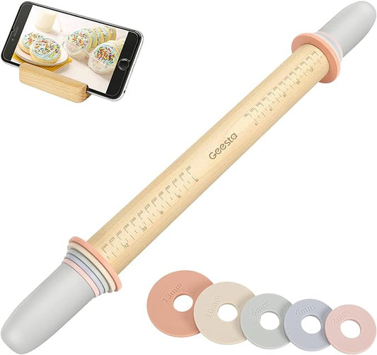 Geesta Adjustable Wood Rolling Pin with 5 Thickness Rings, Precise Dough Roller Handle Press Design with Measurement Guide for Fondant, Pizza, Pie Crust, Cookie, Pastry Baking Decorating Accessories by Geesta