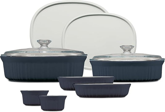 CorningWare Ceramic Bakeware Set with Lids Chip and Crack Resistant Stoneware Baking Dish, Microwave, Dishwasher, Oven, Freezer and Fridge Safe, 10-Piece French Navy by CorningWare