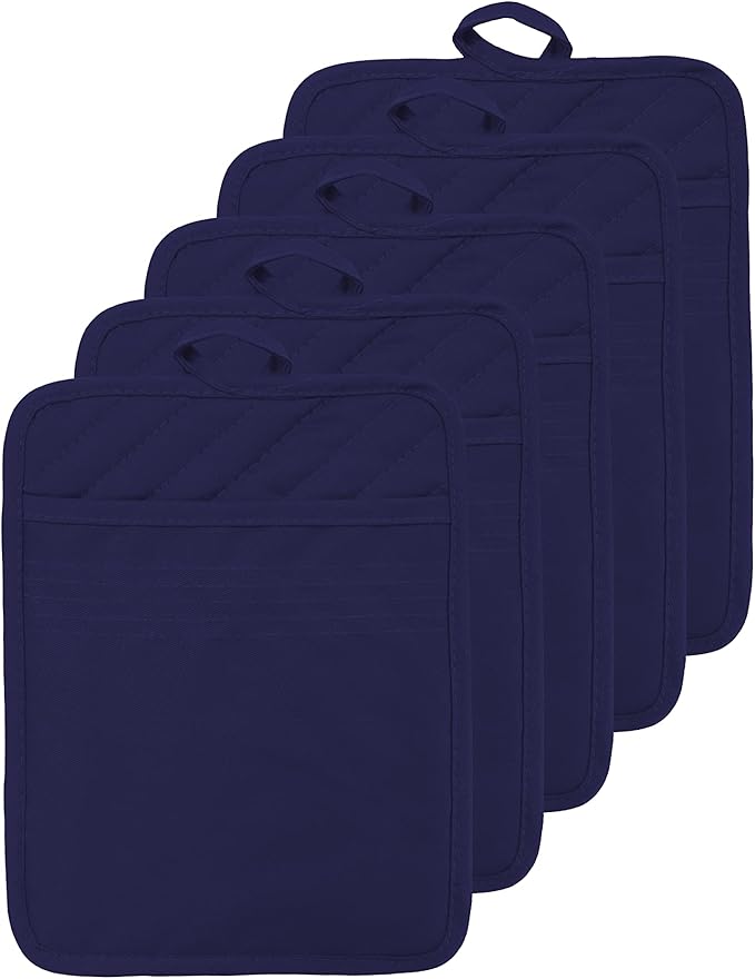 Oven Pot Holder with Pocket Cotton Heat Resistant Coaster Potholder Kitchen Hot Pad Oven Mitts for Cooking Square 7"x9"Set of 5 (Navy Blue) by VEIKERY