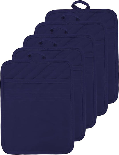 Oven Pot Holder with Pocket Cotton Heat Resistant Coaster Potholder Kitchen Hot Pad Oven Mitts for Cooking Square 7"x9"Set of 5 (Navy Blue) by VEIKERY