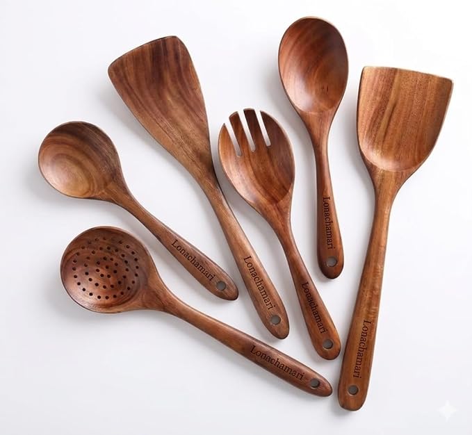 6-Piece Teak Wooden Kitchen Utensil Set – Heat Resistant, Durable, heat resistant Cooking Tools for Nonstick Cookware - Natural Rust-Free Wooden Spatulas & Spoons - Dishwasher Safe by Lonachamari
