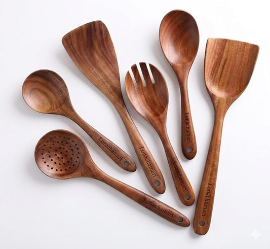 6-Piece Teak Wooden Kitchen Utensil Set – Heat Resistant, Durable, heat resistant Cooking Tools for Nonstick Cookware - Natural Rust-Free Wooden Spatulas & Spoons - Dishwasher Safe by Lonachamari