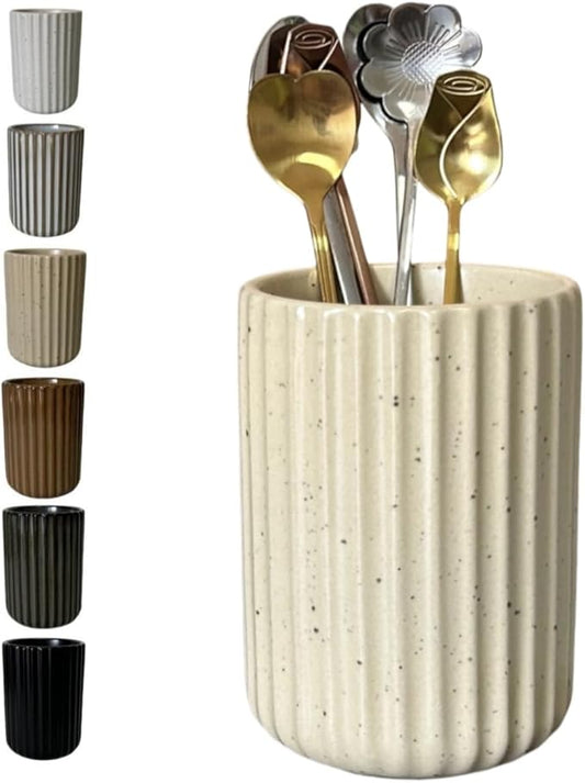 TOPYOKK Stoneware Coffee Bar Utensil Holder Tea & Coffee Spoon & Stirrer Holder for Stir Stick Straw Teaspoon Holder Spoon Cup Small Utensil Jar Fluted Vertical Stripe (Speckled Beige) by TOPYOKK
