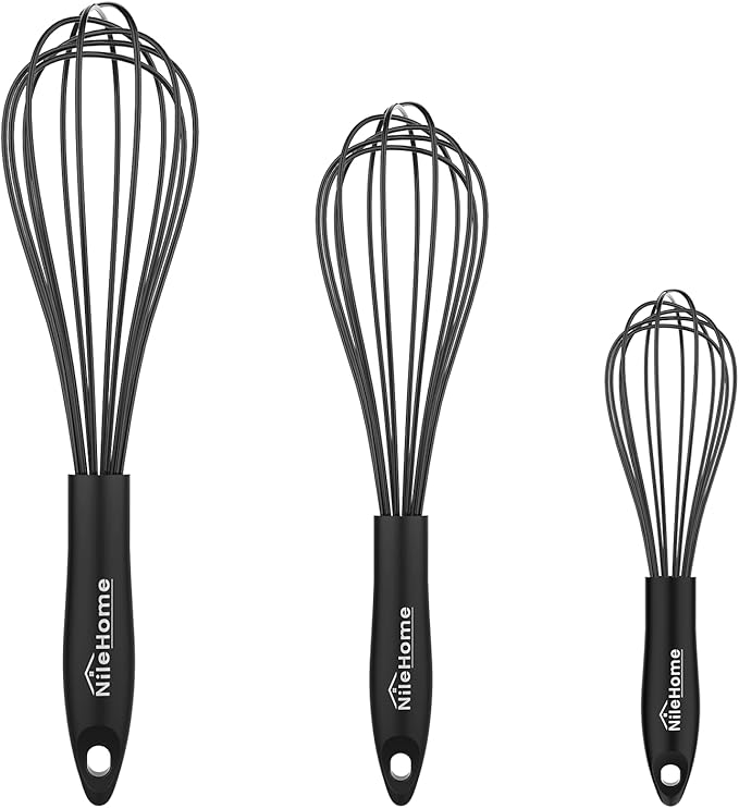 NileHome Silicone Whisk Set 8" 10" 12" Kitchen Whisk Kitchen Wisk Wire Whisks for Cooking, Whisking, Blending, Beating, Stirring-Black 3 Pack by NileHome