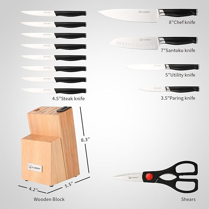 15-Piece Kitchen Knife Set with Block, ABS Ergonomic Handle for Chef Knife Set and Serrated Steak Knives Knife Sharpener and Kitchen Shears, Dishwasher Safe, Natural Block - Image 2