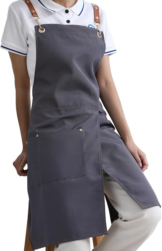 KITCHIEF Pottery Apron Split Leg,Cross Back Chef Apron with Pockets,Painting Apron with Adjustable Straps for Cooking,Baking,BBQ,Ceramic,Gardening(Gray)