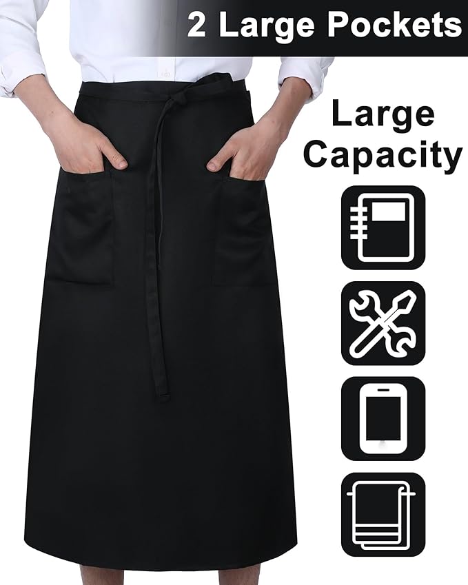 Xtinmee 4 Pcs Bistro Aprons 2 Pockets 32 Inch Waterproof Half Waist Black Bistro Apron with Long Waist Ties for Server Chef Waiter Waitress Bartender