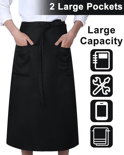 Xtinmee 4 Pcs Bistro Aprons 2 Pockets 32 Inch Waterproof Half Waist Black Bistro Apron with Long Waist Ties for Server Chef Waiter Waitress Bartender
