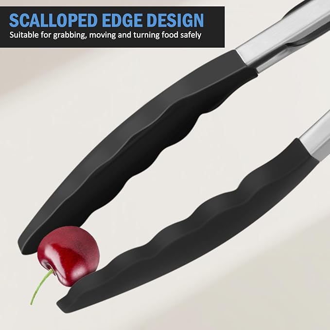 Kitchen Tongs, Stainless Steel Cooking Tongs with Silicone Tips, 600ºF High Heat-Resistant Non Scratch Locking Tongs for Cooking BBQ Grilling Air Fryer Pans, Set of 3 (7" 9" and 12") Black - Image 8