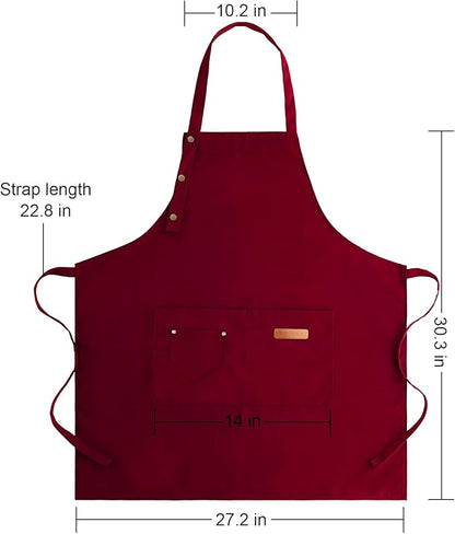 Apron for Men Women with Adjustable Straps and Large Pockets, Canvas Cotton Cooking Kitchen Chef Bib Aprons Waterproof Red
