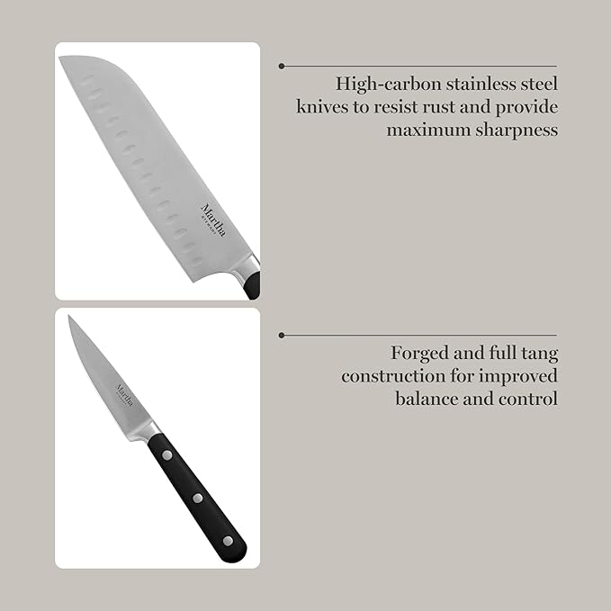 Martha Stewart Eastwalk 14 Piece High Carbon Stainless Steel Cutlery Knife Block Set w/ABS Triple Riveted Forged Handle Acacia Wood Block - Matte Black - Image 4