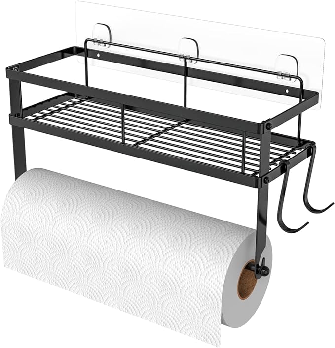 ESOW Paper Towel Holder with Shelf Storage, Adhesive Wall Mount 2-in-1 Basket Organizer for Kitchen & Bathroom, Durable Metal Wire Design, Stainless Steel 304 Matte Black Finish by ESOW
