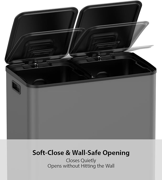 Lovewind Dual Trash and Recycling Bins for Kitchen, 2 * 11-Gallon Stainless Steel Double Trash Can, Step-On Garbage and Recycle Combo, Quiet Close, Pet-Proof, Compatible with 13-Gallon Bags, Grey - Image 5