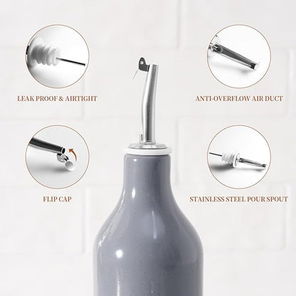 famiware Milkyway 16oz Ceramic Olive Oil Dispenser Bottle, Olive Oil and Vinegar Dispenser Bottle Set of 2 with Stainless Steel Pourers, Suitable for Storage Vinegar, Liquids, Light Gray and Dark Gray