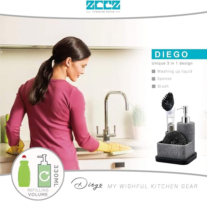 ZCCZ Black Soap Dispenser with Sponge Holder, Kitchen Soap Dispenser Pump, Sponge Caddy and Brush Holder 3 in 1 Set Organizer for Sink Countertop, Removable Tray, Marble Look (Brush NOT Included) - Image 2