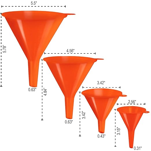 Oil Funnel Set (Orange, 4-Pack) – Plastic Funnels for Automotive Use – Funnels for Kitchen Use Filling Bottles and containers – Funnel for Water Bottles, Gas, Car Oil, Lubricants and Fluids - Image 5