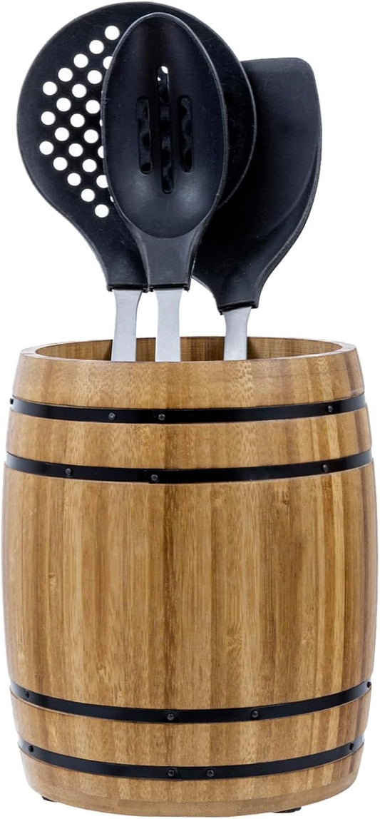MyGift Wine Barrel Design Kitchen Utensil Crock, Light Brown Solid Bamboo Wood Cooking Tool Holder by MyGiftHome