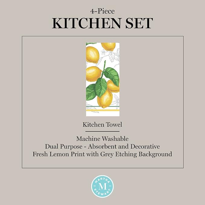 Martha Stewart Lots of Lemons Modern Kitchen Towel, Oven Mitt & Potholder Set, 4-Pack, White-Yellow - Image 8