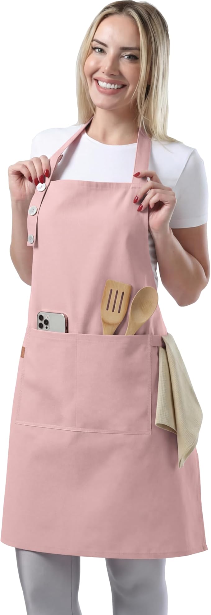 TOSHE Kitchen Apron Waterdrop Resistant Cotton Apron with adjustable Aprons for Women with Pockets 10 Color option Cooking Powder Pink Apron (Powder Pink) by TOSHE