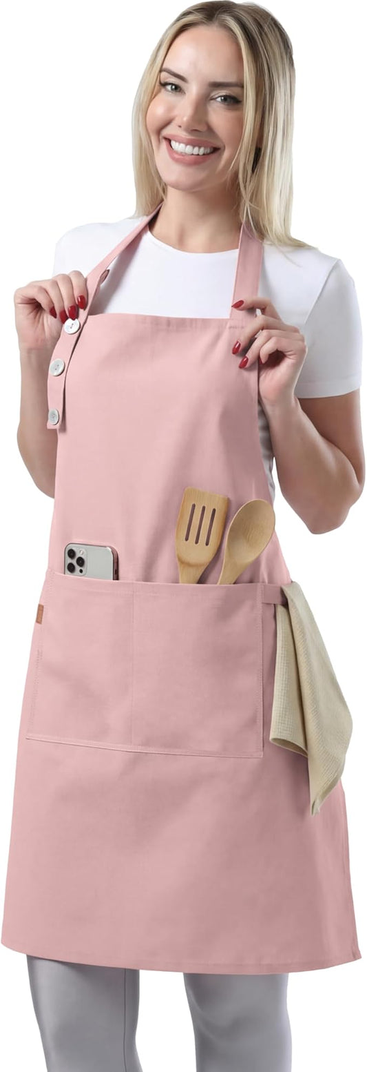 TOSHE Kitchen Apron Waterdrop Resistant Cotton Apron with adjustable Aprons for Women with Pockets 10 Color option Cooking Powder Pink Apron (Powder Pink) by TOSHE