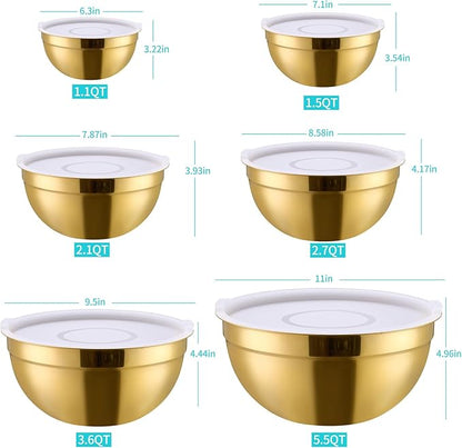 6 Piece Gold Mixing Bowls Set With Lids for Kitchen - Stainless Steel Ideal for Baking, Prepping, Cooking and Serving Food - Nesting Metal Bowls for Space Saving Storage