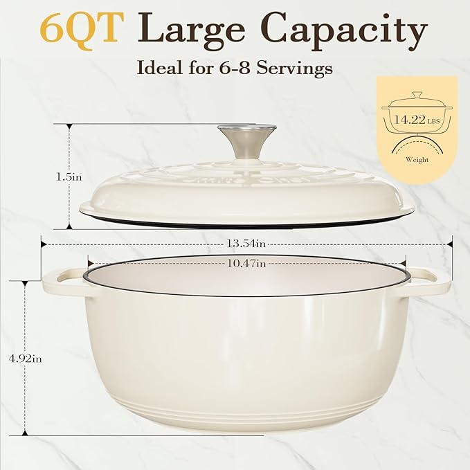 Umite Chef 6QT Enameled Cast Iron Dutch Oven with Lid, Versatile Heavy-Duty Cookware Pot for Baking Bread, Braising, Soups & Stews, Oven & Stovetop Safe with Heat Resistant Gloves（Cream White） - Image 3