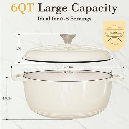 Umite Chef 6QT Enameled Cast Iron Dutch Oven with Lid, Versatile Heavy-Duty Cookware Pot for Baking Bread, Braising, Soups & Stews, Oven & Stovetop Safe with Heat Resistant Gloves（Cream White） - Image 3