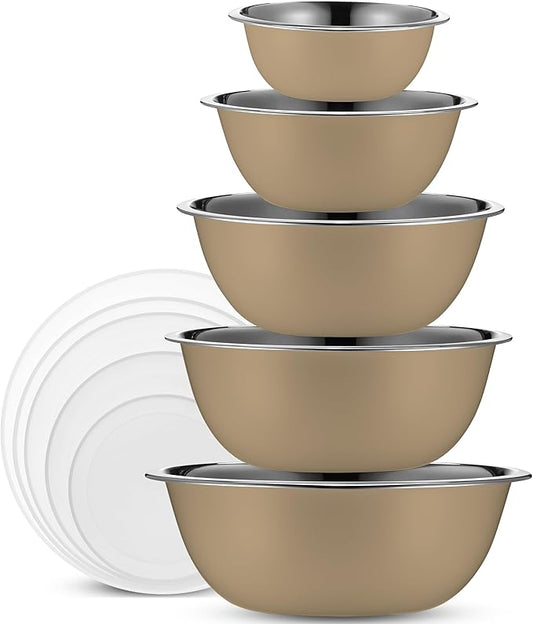WHYSKO Stainless Steel Mixing Bowl Set, 10 Piece Stainless Steel Mixing Bowls with Lids Set for Food Prep Storage and Serving, Dishwasher Safe for Kitchen Baking Cooking, Khaki by WHYSKO