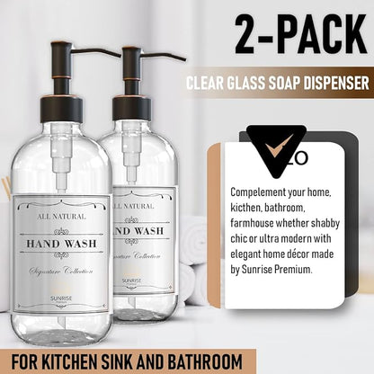 Sunrise Premium 2 Pack Clear Glass Soap Dispenser 16 OZ with Oil Rubbed Bronze Stainless Steel Pump, Hand and Dish Soap Dispenser Set for Bathroom and Kitchen Sink with 6 Waterproof Labels - Image 4