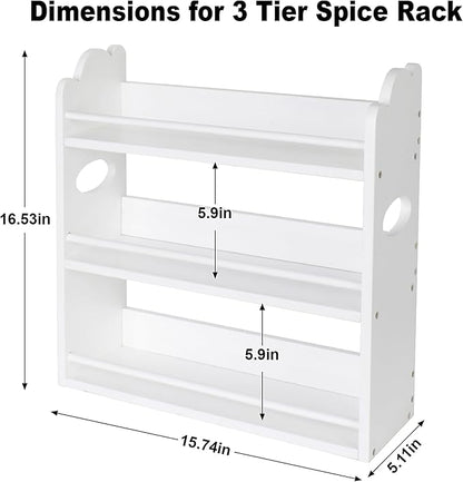 3 Tier Bamboo Spice Rack, Spice Rack Organizer, Seasoning Jars Rack Shelf Spice Organizer for Kitchen Counter or Wall Mounting, Spice Storage Holder with handles, Jars Not Included, White - Image 2