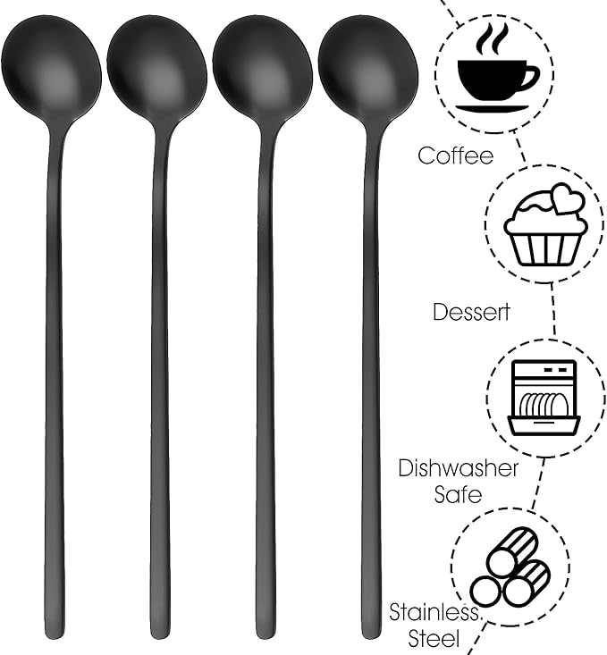 Gjinxi 4pc Satin Black Stainless Steel Coffee Spoons, 6.7 Inch Mini Teaspoons Set, Iced Tea & Espresso Stirrer, Matte Black Teaspoons, Dessert & Large Round Head Spoon