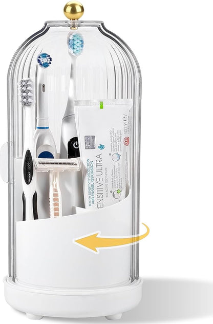 Rotating Toothbrush Holders with Cover, Dustproof Toothbrush Holder with Sliding Lid Electric Tooth Brush and Toothpaste Organizer for Bathroom, Makeup Brush Holder for Vanity, White