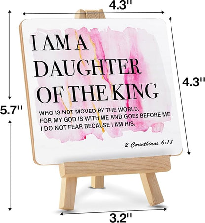 I Am the Daughter of a King Sign, Gifts for Daughter Christian Desk Decor, 2 Corinthians 6:18 Bible Verses Wood Sign with Easel Home Bedroom Girl Nursery Desk Shelf Tabletop Decor - Image 2