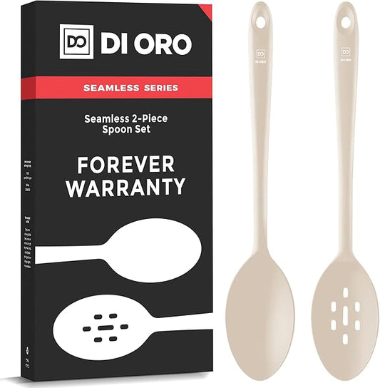 DI ORO Silicone Spoons for Cooking - Large Kitchen Spoons for Mixing, Serving, & Stirring - 600°F Heat-Resistant Non Stick Utensils – Big Solid & Slotted Basting Spoons - Dishwasher Safe (2pc, Clay) by DIORO