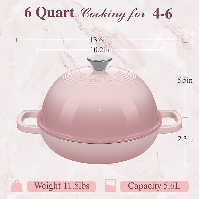 Cast Iron Dutch Oven Pot with Lid, Round Bread Oven for Sourdough Bread Baking, Umite Chef Enameled Cast Iron Bread Oven with Dome Lid & Cotton Potholders for Sourdough, Pink, 6 Quarts - Image 8