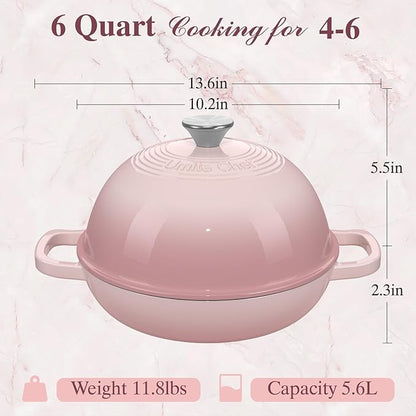 Cast Iron Dutch Oven Pot with Lid, Round Bread Oven for Sourdough Bread Baking, Umite Chef Enameled Cast Iron Bread Oven with Dome Lid & Cotton Potholders for Sourdough, Pink, 6 Quarts - Image 8