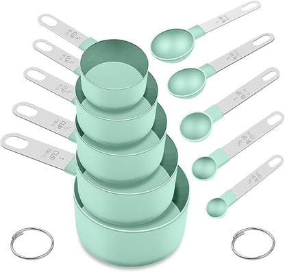 Measuring Cups and Spoons Set, 10 Pieces Nesting Measure Cups and Spoons, Kitchen Essentials Gadgets with Stainless Steel Handle for Dry & Liquid Ingredient (Lake Green 10 Pcs) by FONYA