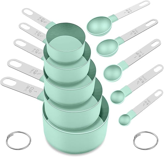 Measuring Cups and Spoons Set, 10 Pieces Nesting Measure Cups and Spoons, Kitchen Essentials Gadgets with Stainless Steel Handle for Dry & Liquid Ingredient (Lake Green 10 Pcs) by FONYA