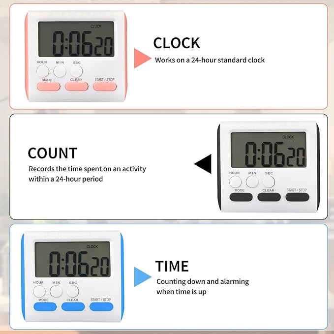 Mudder 12 Pack Digital Kitchen Timer for Cooking, Large Digits, 24 Hour Magnetic Backing Stand Kitchen Timers Clock for Classroom Kids Teachers, Loud Alarm and Large Screen (Mix Color) - Image 4