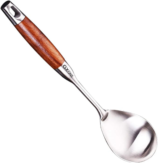 Large Serving Spoons,304 Stainless Steel Cooking Spoon with Heat Resistant Wooden Handle,Silver/12.4Inch by GXONEHomeKitchen