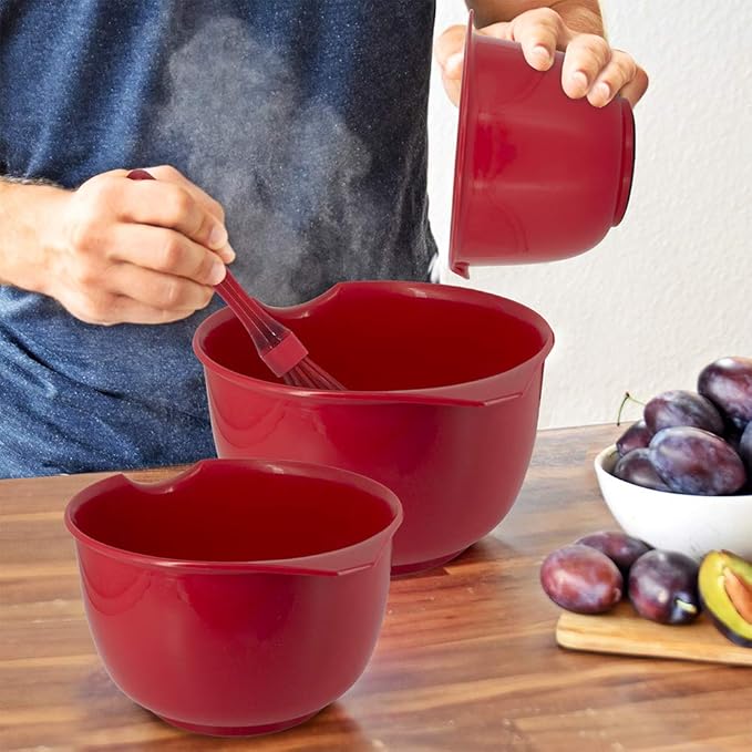 Glad Mixing Bowls with Pour Spout, Set of 3 | Nesting Design Saves Space | Non-Slip, BPA Free, Dishwasher Safe Plastic | Kitchen Cooking and Baking Supplies, Red - Image 7