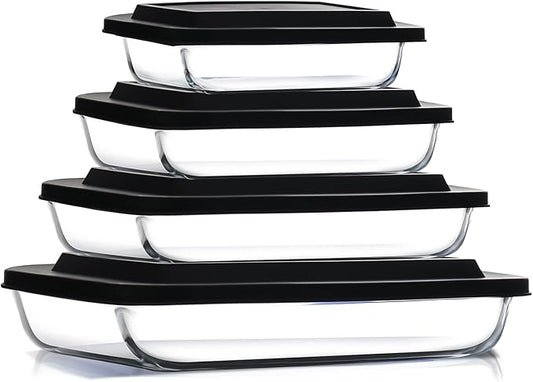 Nestl 8pc Glass Baking Dishes for Oven, Glass Food Storage Containers with Lids, Leakproof Casserole Dishes for Oven with Lid, Cooking, Microwave Oven Freezer Safe Bakeware, 9x13 Lasagna Pan Black by Nestl
