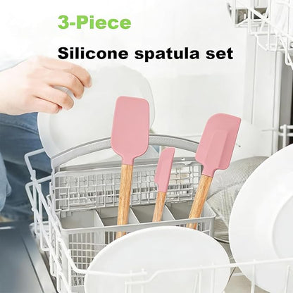 3-Piece Heat Resistant Silicone Spatula Set for Baking - Wooden Handle Spatula Baking Spatula, Non-Stick for Cooking, Mixing, Frosting & Jams (pink)
