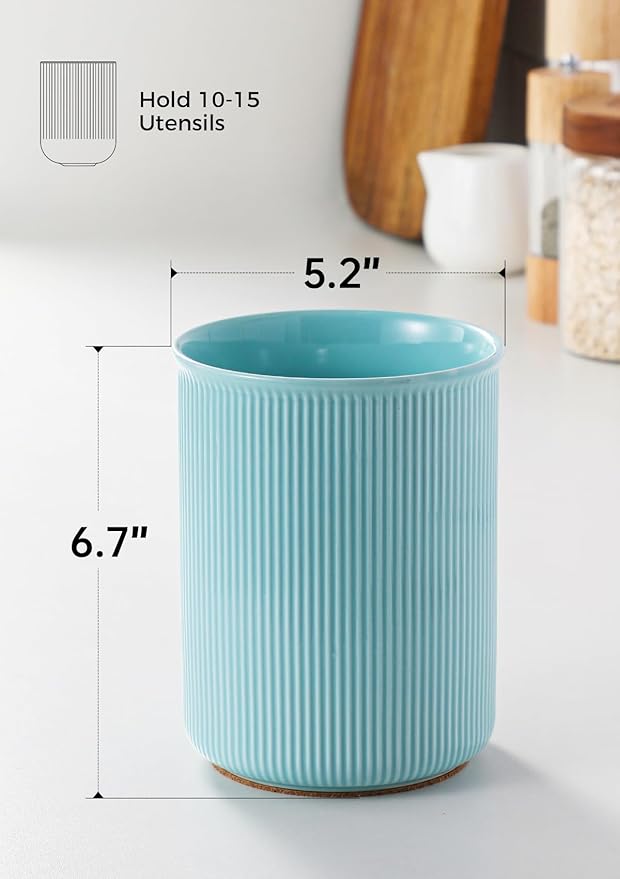 LoeJan Utensil Holder, Extra Large Utensil Crock, Stable Ceramic Utensil Organizer, Cooking Tool Organizer Set for Kitchen Counter Farmhouse Décor, Turquoise - Image 2