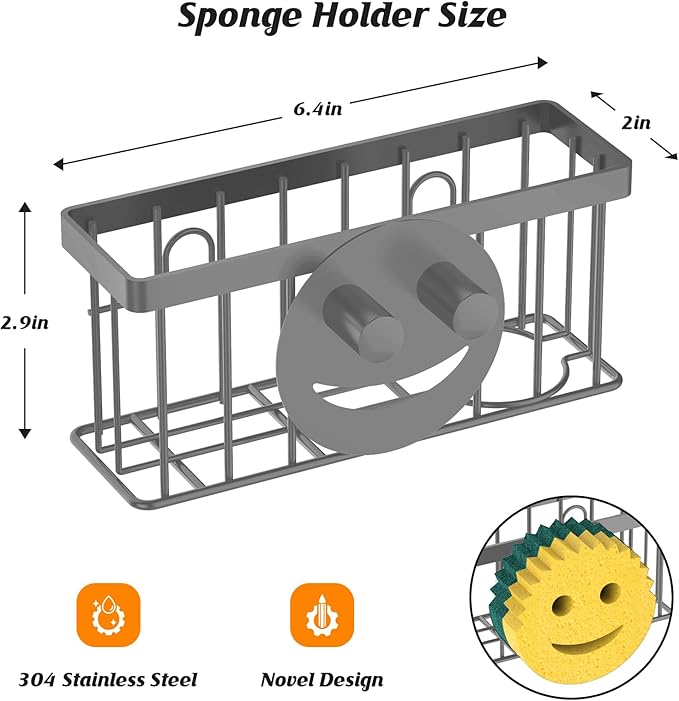 MURLONG Sponge Holder Smiley Face,Sink Caddy for Kitchen Sink,Sponge Holder with 2 PCS Suction Cups/1 PCS Adhesive Strips,Designed for Sponge,Soap,Dish Brush,Scrubber-Charcoal Gray - Image 2