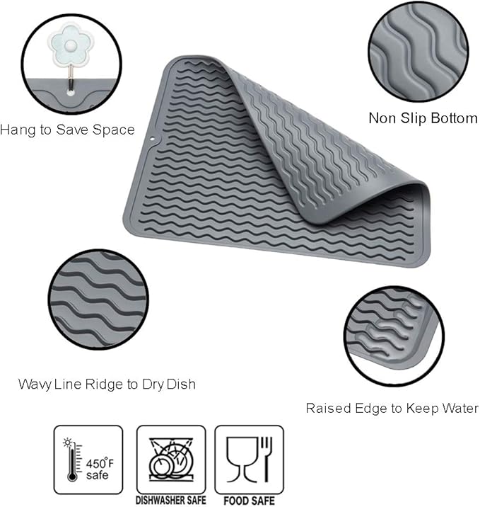 ZLR 2 Pcs Silicone Dish Drying Mat & Heat Resistant Trivet (12" x 16") - Waterproof Counter Protector for Coffee Maker - Non-Slip, BPA Free Kitchen Pad, Easy Clean Dishwasher Safe (Dark Gray) - Image 3