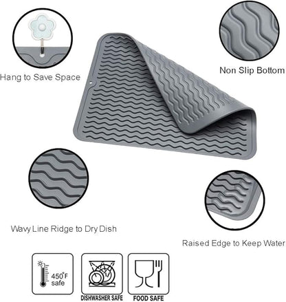 ZLR 2 Pcs Silicone Dish Drying Mat & Heat Resistant Trivet (12" x 16") - Waterproof Counter Protector for Coffee Maker - Non-Slip, BPA Free Kitchen Pad, Easy Clean Dishwasher Safe (Dark Gray) - Image 3