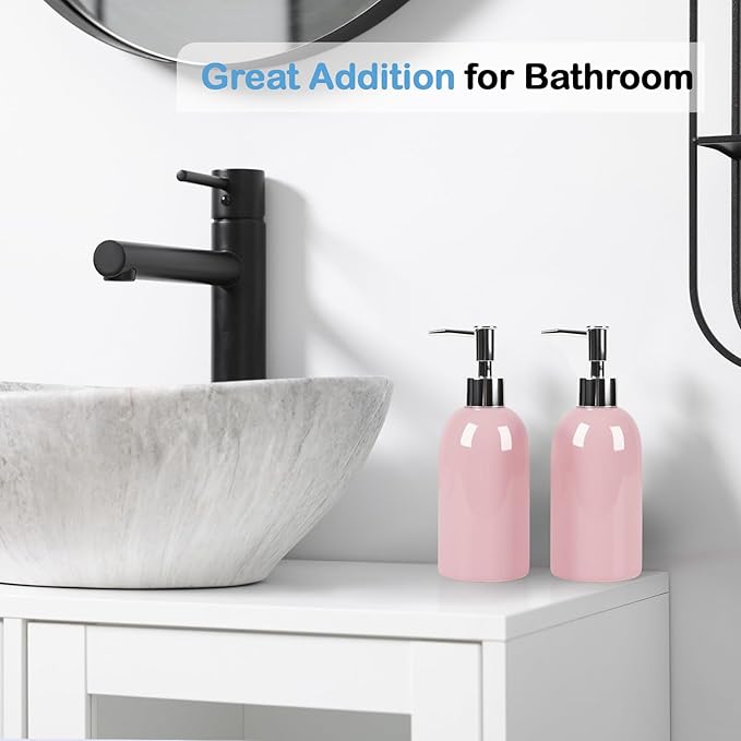 Natheeph 14OZ Ceramic Soap Dispenser Ceramic Soap Pump Dispenser Can Fill Liquid for Bathroom/Kitchen (2PC Pink) - Image 5